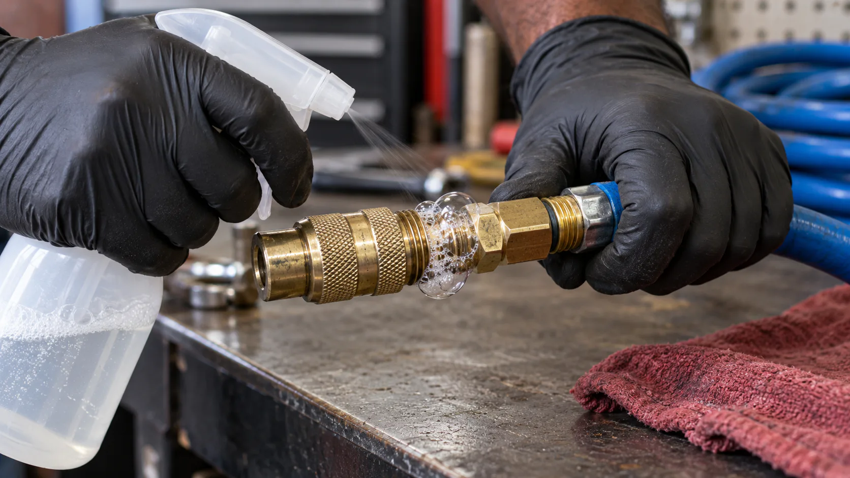 Gloved hands apply leak-detection solution to a brass air-hose fitting where bubbles form at the joint.