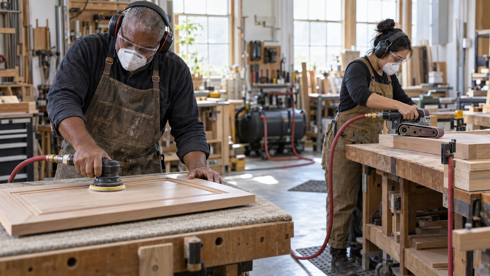 Two craftspeople wearing protective equipment use separate pneumatic sanders at the same time in a workshop.