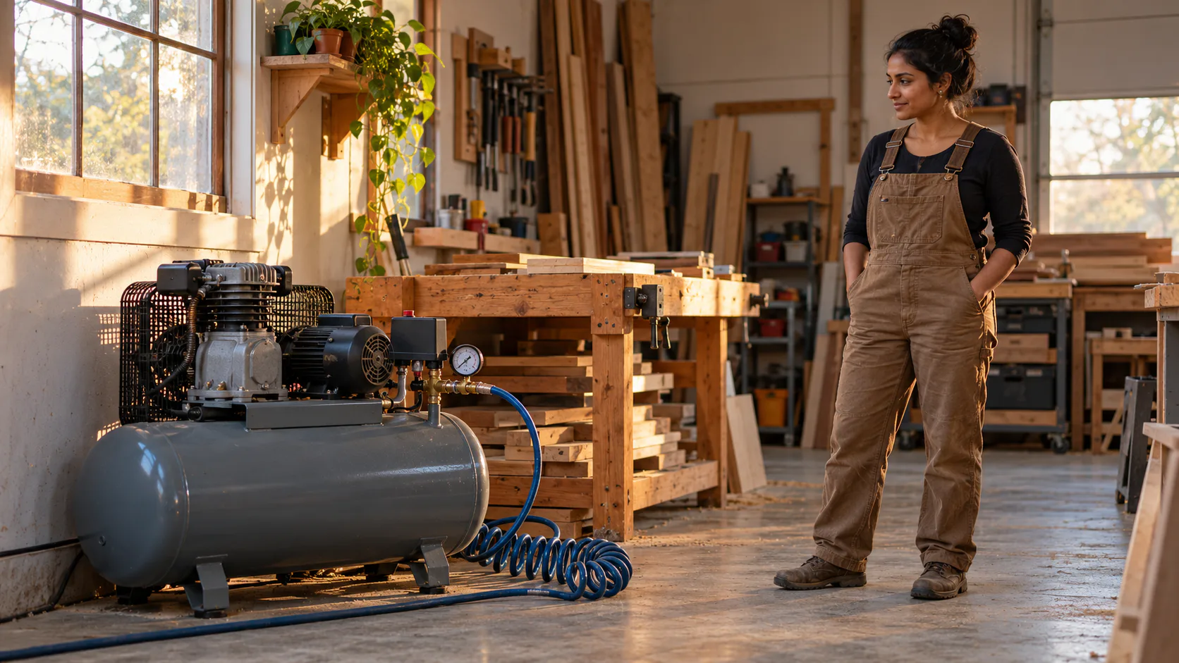 A workshop owner observes an unbranded air compressor cycling with its pressure-switch cover closed.