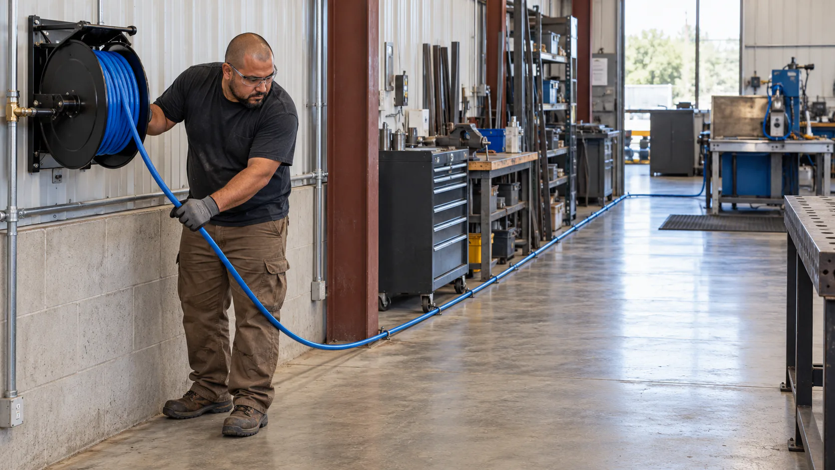 A workshop technician unspooling a long blue air hose and routing it along the edge of a concrete floor.