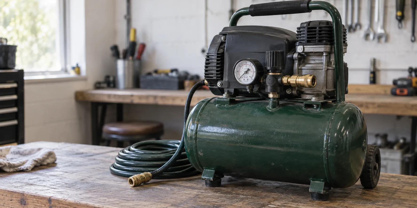 An unbranded workshop air compressor with a pressure gauge, regulator, brass outlet, and coiled hose.