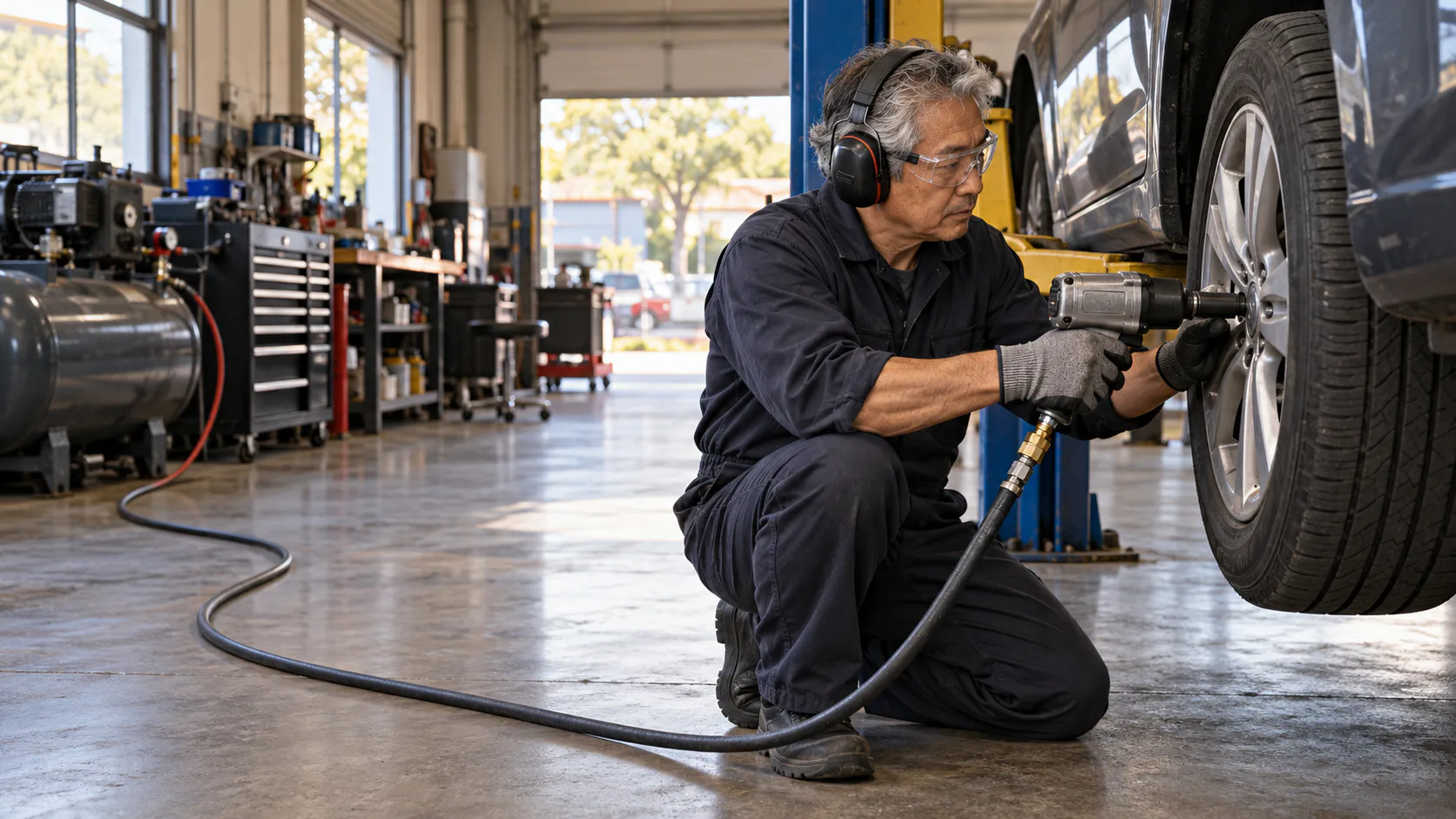 A mechanic using a pneumatic impact wrench on a car wheel raised on a lift inside a workshop.