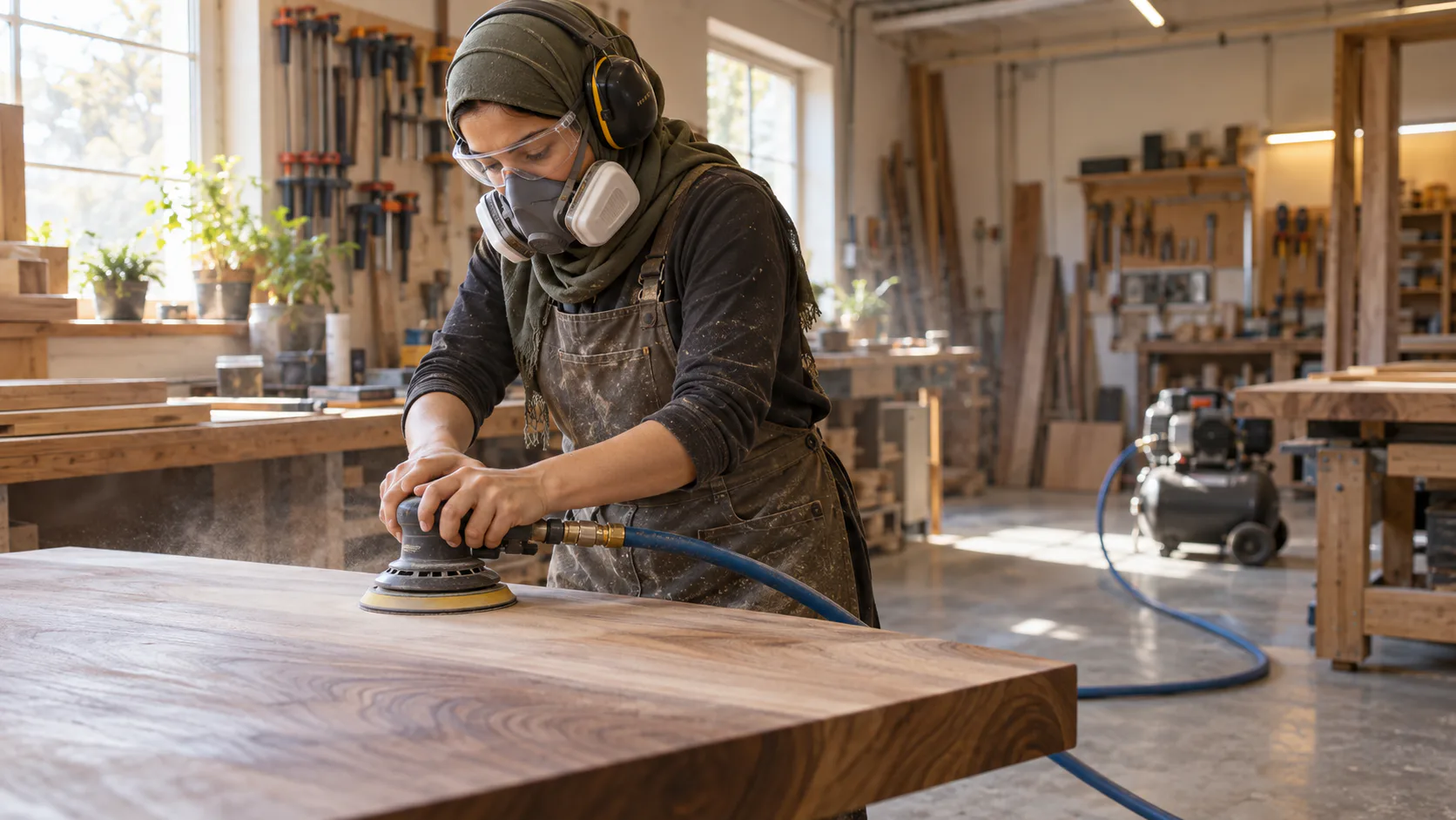 A craftsperson wearing eye, hearing and respiratory protection uses a pneumatic sander on a hardwood panel in a workshop.
