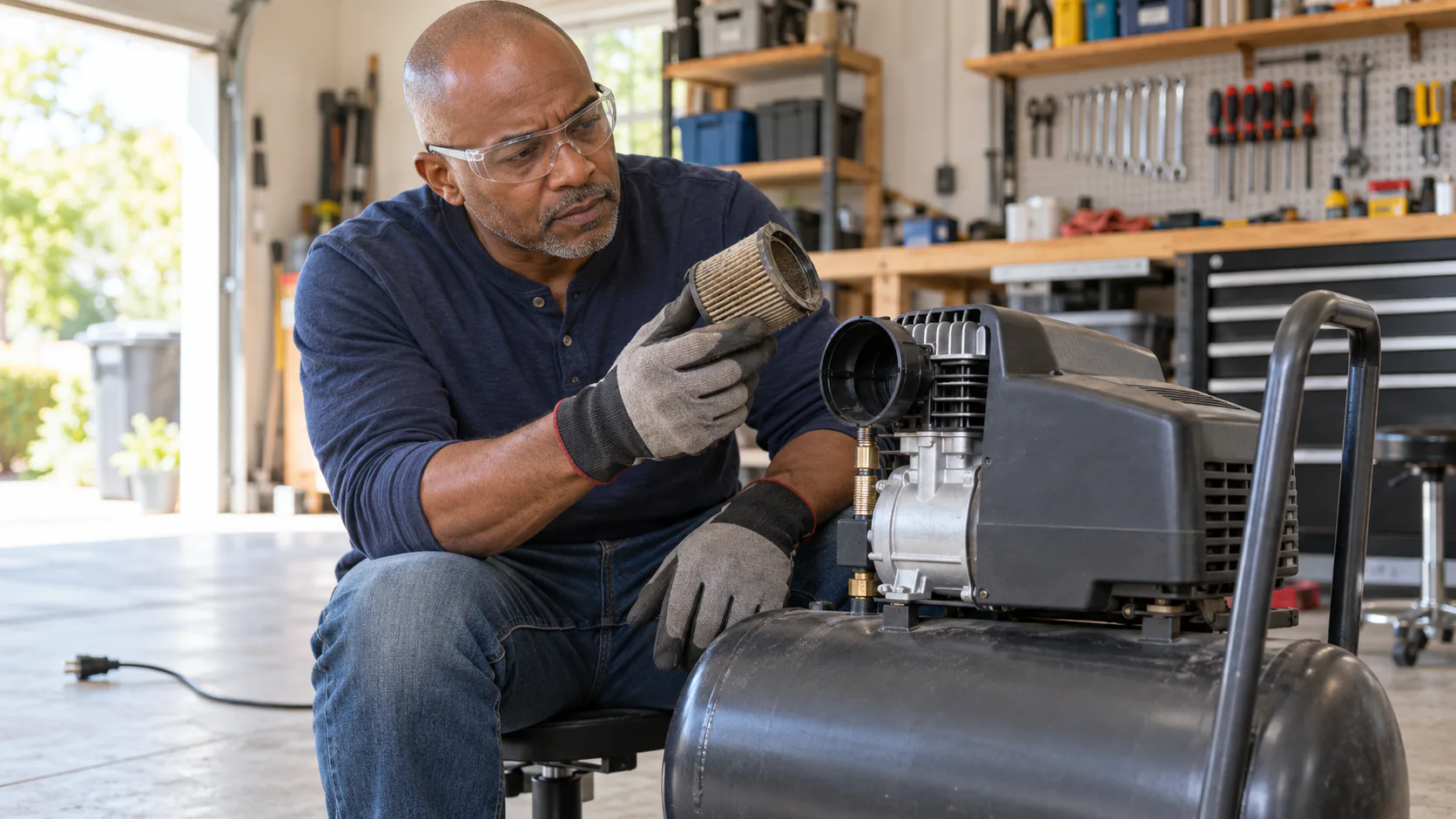 A workshop owner inspects a dusty intake-filter element removed from an unplugged portable air compressor.